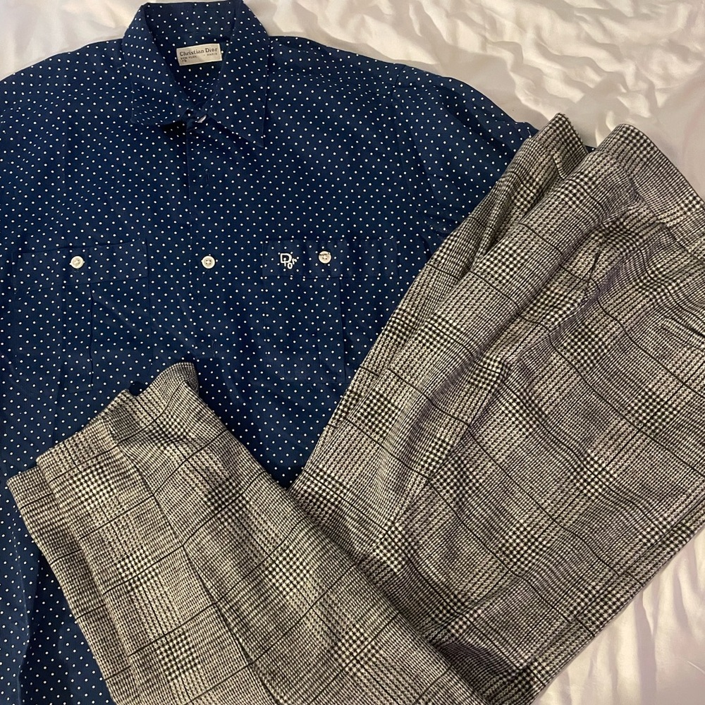 Navy Polka Dot Shirt and Plaid Pants Set size 12 adorable banana republic Dior